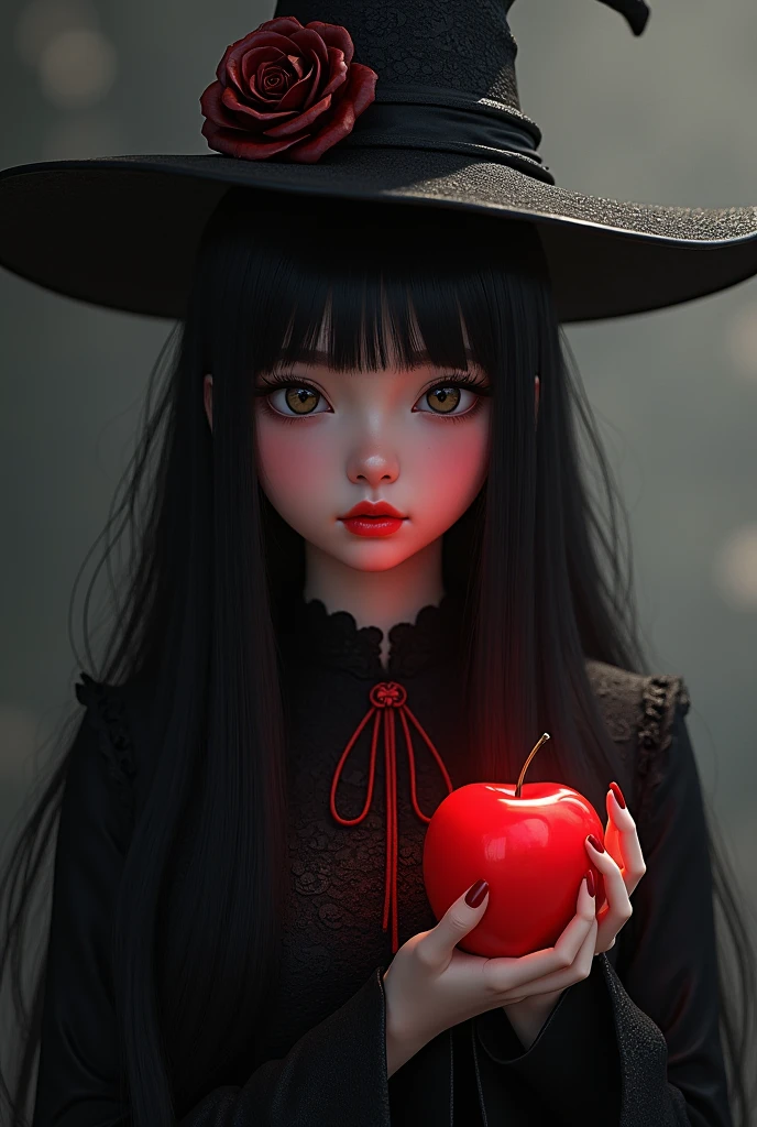 ((RAW photos),Absurd ,(Absurd 分辨率)),Masterpiece ,Best quality,( extremely detailed 8k unity CG wallpaper),(Most Best Illustration),(best shadow),Realistic lighting,Beautiful and detailed brilliance ,((21yo)),girl,longblackhair,Black Queen,Accessories,Hold an apple,Poison apples,Witch Queen,red lipsticks,(((Her photography perspective)))