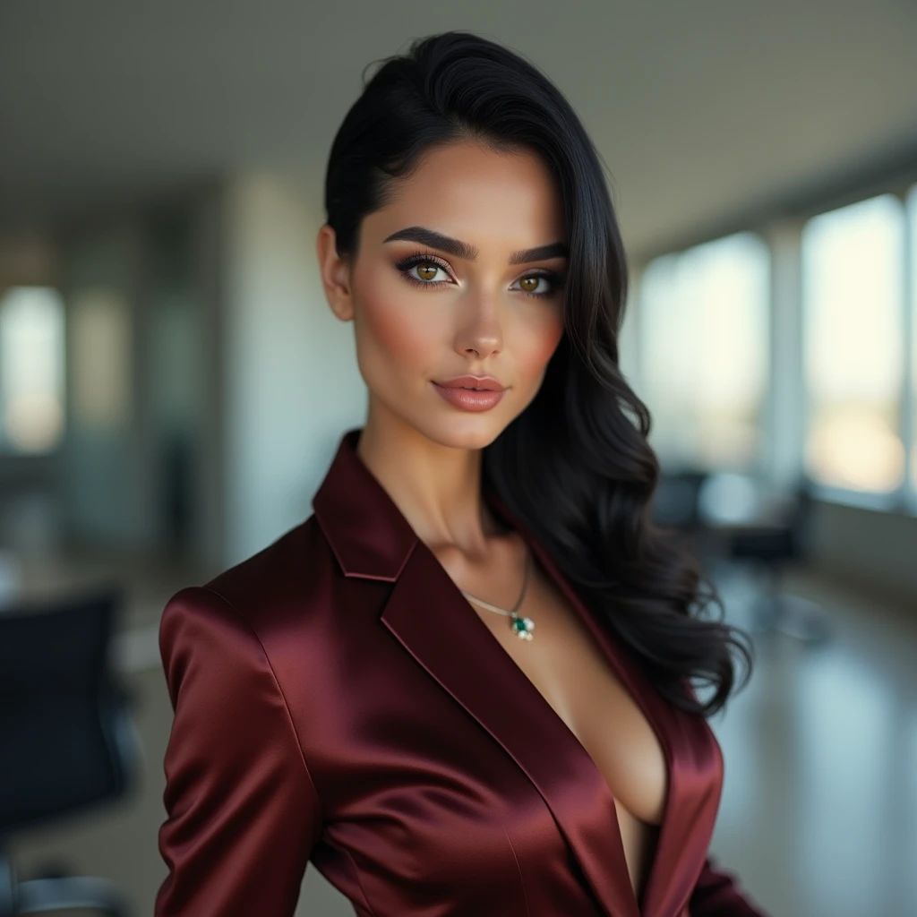 a beautiful young secretary with voluptuous cleavage in 80s fashion style