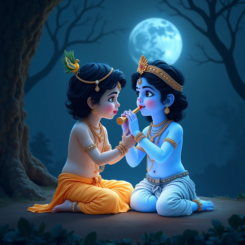 A 5 year old krishna bhagwan standing under the tree and playing basuri and their skin colour is blue and they weared yellow colour dress and their hair are long and curly and some hair falling on their head and their face is so cute very much beautifull and they weared peacocks feather on their head and that is the time of night the moon is big and making lightfull the earth and they standings by putting their head cross they seeing toward moon their face is like small baby and so cute and theri is one boy wearing yellow colour t-shirt and joining hand toward krishna and by neel down and theri a name VEERAL written on his t-shirt he is also so cute and have messy hair