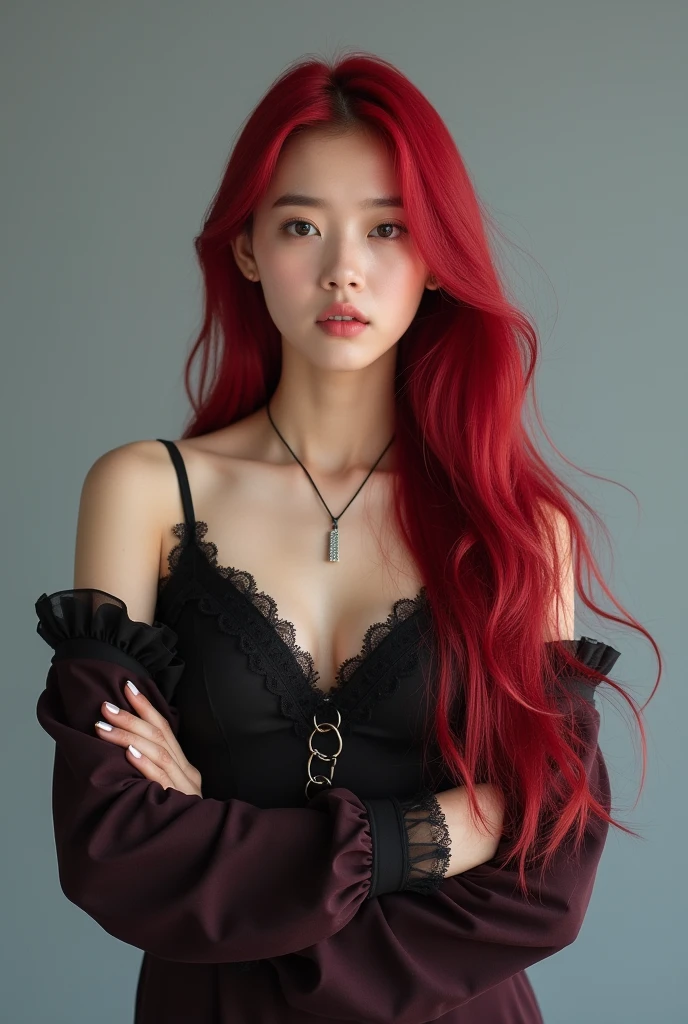 Korean girl,  adult , long red crerry hair, background grey, photography, posing, serious, idol, kpop 