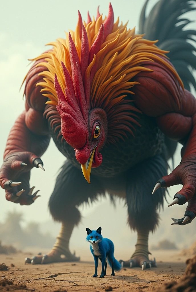 Giant rooster scaring a blue fox 