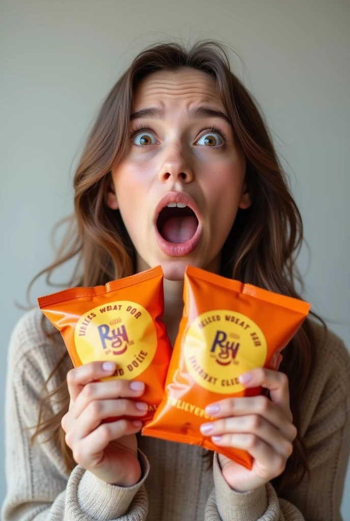 Create a realistic photograph of a 22-year-old girl with an open mouth and a shocked expression. She should be holding a packet of chips in each hand, clearly displaying the packaging. Her facial expression should convey genuine surprise, with wide eyes and raised eyebrows. The background must be neutral to keep the focus on her and the chips packets.
by Priyanka-Graphic Designer