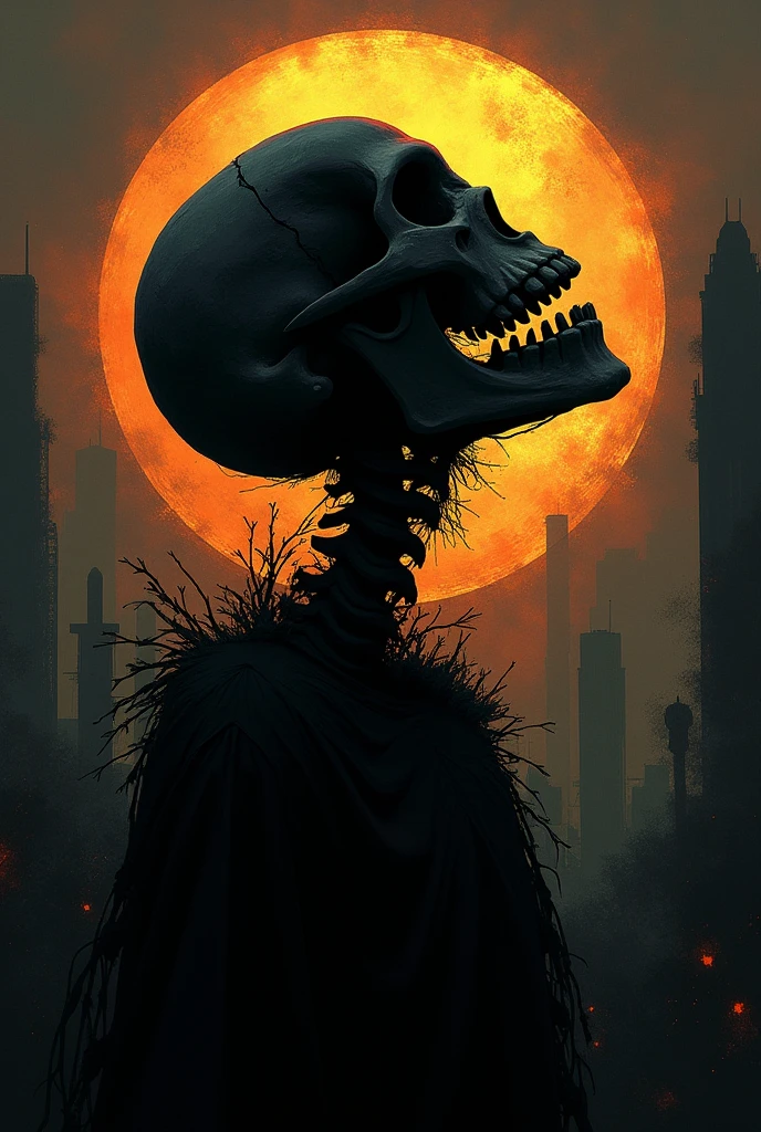 Skeleton in single
 cyborg in city with sky in red blue colour   in sitting with destroy  in demon  death
