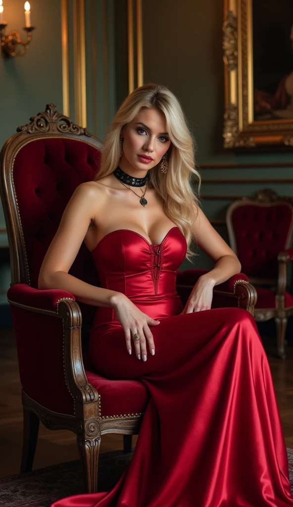 samus aran,long blonde hair, red satin dress, long dress, strapless dress, long white satin elbow gloves, smile, lipstick, blue eye shadow, makeup, tiara, smile, white_gloves, black_choker,
