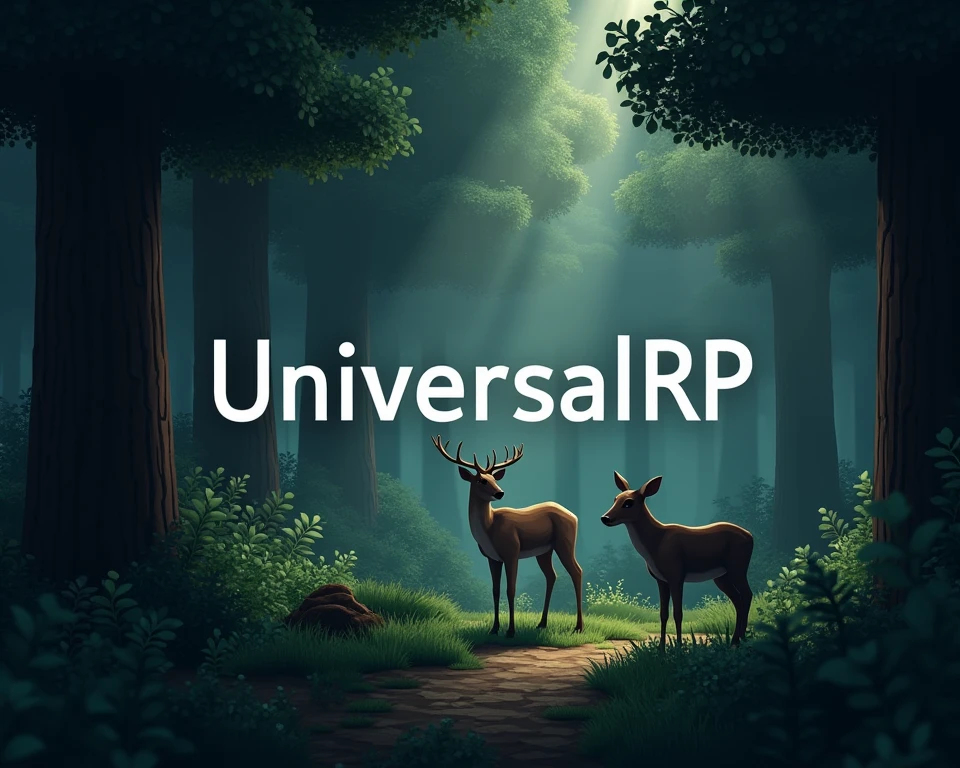 Create a baner for serwer "UniversalRP", forest, dark, in minecraft style, UniversalRP text in the middle, there are deer in the background