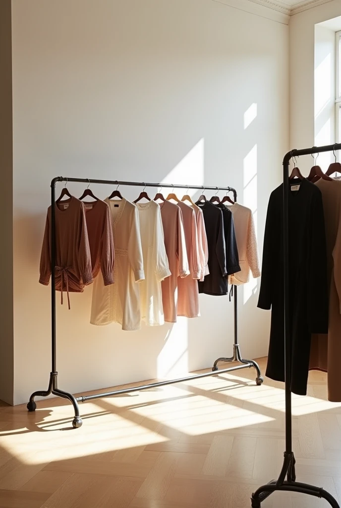I want an image of different stylish masculine and feminine clothes for men and women that are environmentally friendly., for sale3 on hangers pants, Dresses, more natural jackets for a store more clothes that there is more natural men's clothing more common clothing more common and mixed clothing for men