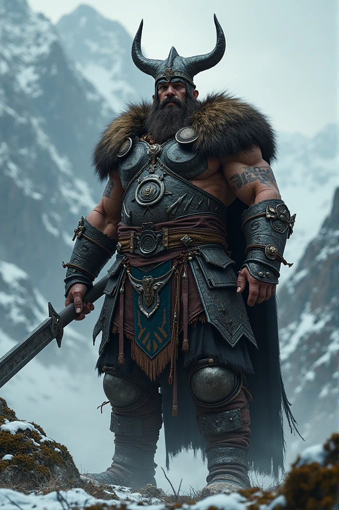 looking at me, face focus, a robust build villain barbarian, mid combat, He is a ferocious Japanese fat barbarian, supporting character, intense battle scene, heavy fur and leather armor, unique hairstyle, holding a double edged ancient legendary axe, legs exposed from thighs to feet, fierce, battleground background, Desolate place, Standout features include a prominent nose and thick eyebrows, masterpiece, volumetric lighting, Dramatic, Uighur the Warden, ((ultra sharp)), ((masterpiece)), ((best quality)), ((ultra detailed)), ((intricate details)), Inguinal region detailed, He is ejaculating semen,