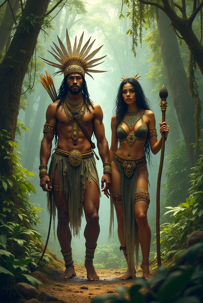 Generates an indigenous princess, king, with long jet-black hair, in an Amazonian forest 