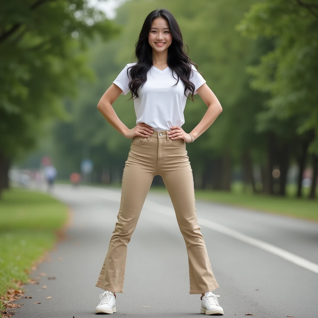 A young female football player with a very beautiful face, fair and smooth skin, a golden ratio figure, wearing a fitted short sleeved T-shirt, ironless bell bottoms, ankle coverage, slim waist, wide hips, hourglass figure, beige socks, white low heeled leather shoes, standing on the roadside in the park with her legs spread apart, the ground in front of her feet wide, and her hands on her hips. Black wavy hair, smiling, looking at you affectionately. Realistic, 8K,