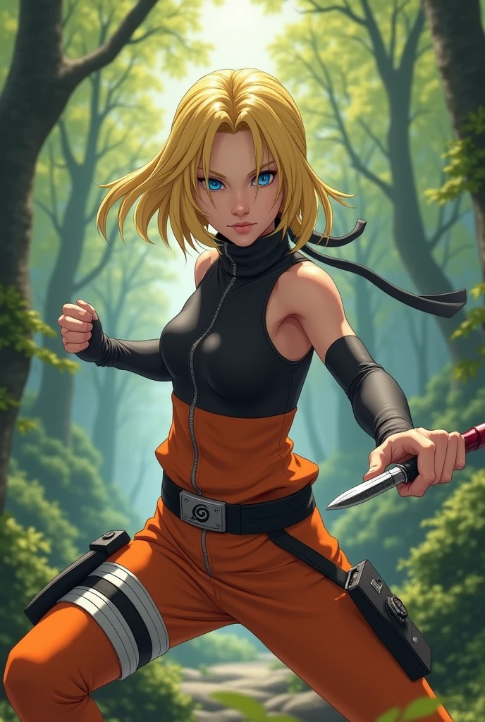 Ninjutsu Academy Uniform、ninjartist、Ninjutsu Master、1Beautifulwoman、Ninjutsu Academy Uniform、,Golden hair,short-cut,Golden Eyes、Dynamism、Slow shutter、Finish as shown in the photo、Bird's-eye view