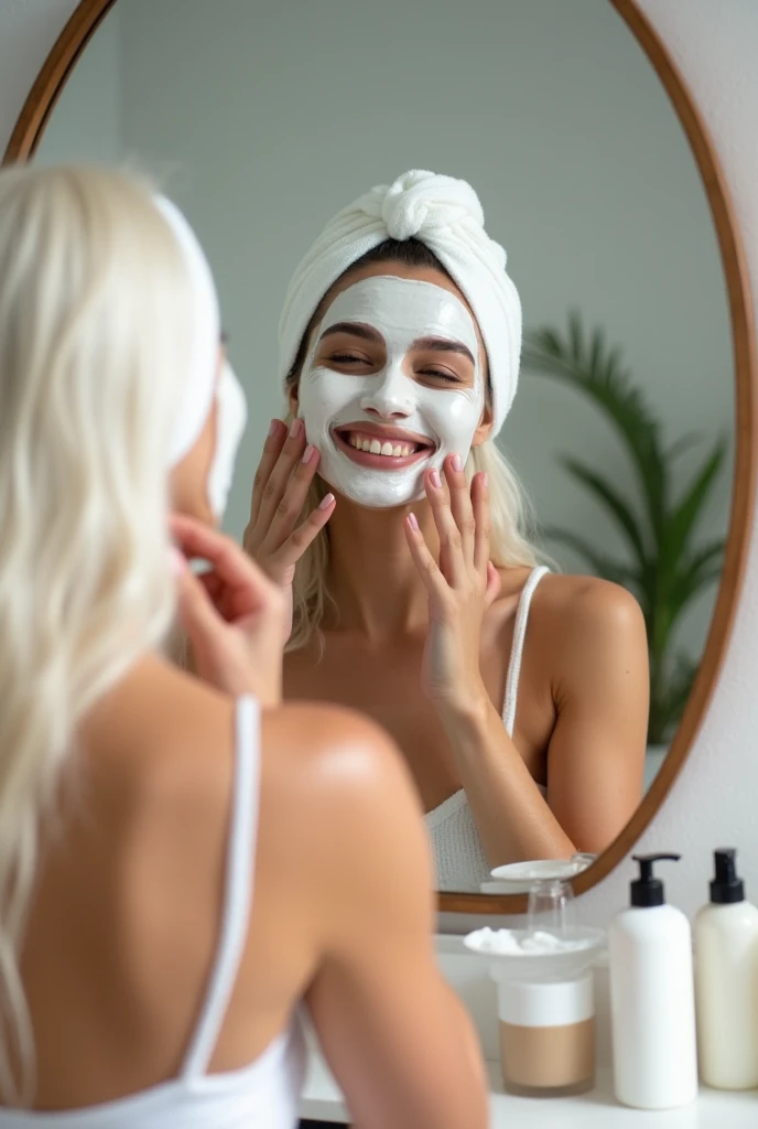 anikaxxx radiant, blemish-free skin, in a modern, stylish bathroom with soft, warm lighting. Wear a hair band, leaving his face completely visible. She is applying a vibrant colored face mask while smiling in the mirror, reflecting satisfaction and well-being. In the background, beauty products are seen well organized in a clean and tidy environment. The image conveys relaxation, self-care and a focus on natural beauty.