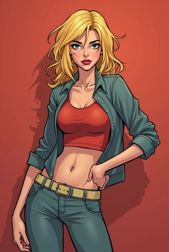Thin woman, 4K (High definition), thoughtful, teacher in a red dress (of buttons) with a V-neck and short sleeves, black belt, pele caucasiana, shoulder length blonde hair, sitting, eyes browns, a freckled chest with small beads of sweat on his lap. comic style, white background.