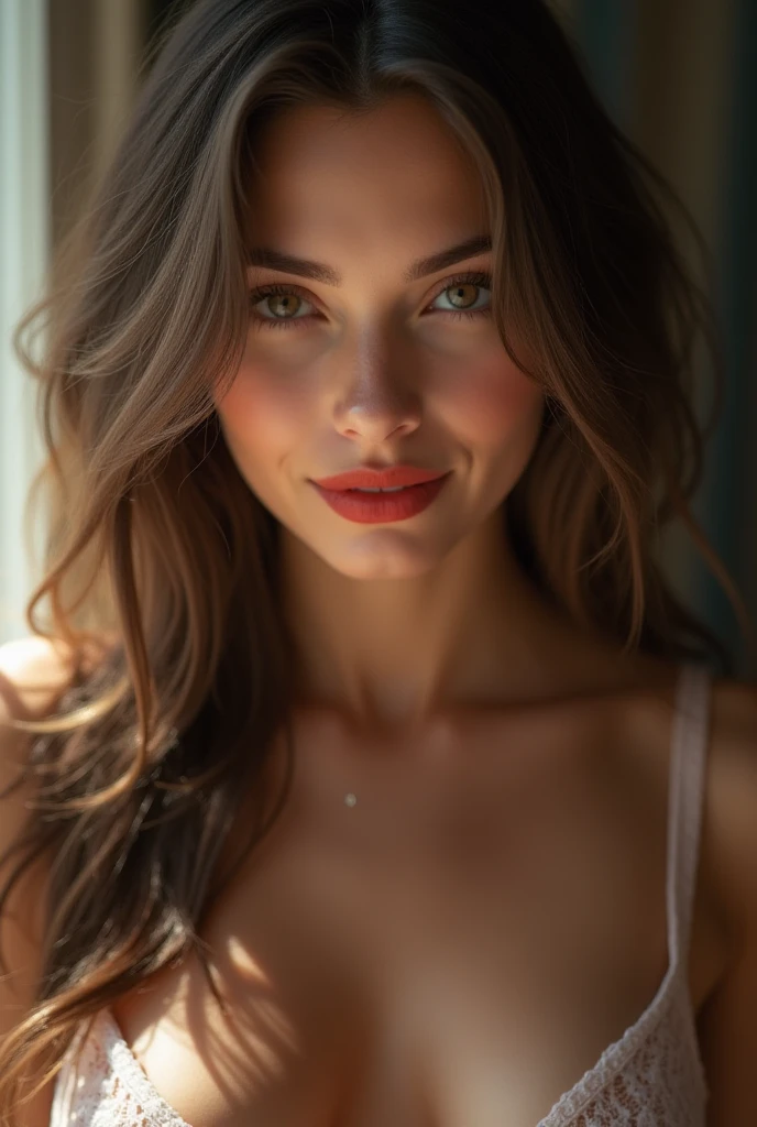 Very very very ???? girl, 1girl, solo, brunette hair, parted hair style, wear wearing bra and flaunting her big boops to audience and looking very hot with red lipsfull body shot, body focus, Detailed skin, Detailed Face, Detailed Lips, Detailed Eyes, light make up, seductive smile, happy, textured skin, super detail lighting, summary background, summer atmosphere, 