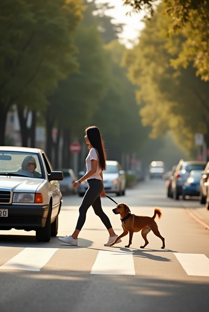 A slender young woman, 23 years old, with long dark hair, fair skin, and a youthful face, is crossing a quiet city street in the afternoon, viewed from the side. She is accompanied by a medium-sized brown dog on a leash. At the crosswalk, a car is stopped to let them pass. The car is driven by an older woman, her kind expression visible as she waits patiently. The warm sunlight casts soft shadows across the pavement, enhancing the tranquil atmosphere. The woman and her dog are in mid-stride, calmly crossing the street, while the stopped car emphasizes the harmony of this everyday urban moment. The scene captures a peaceful interaction in the serene urban setting