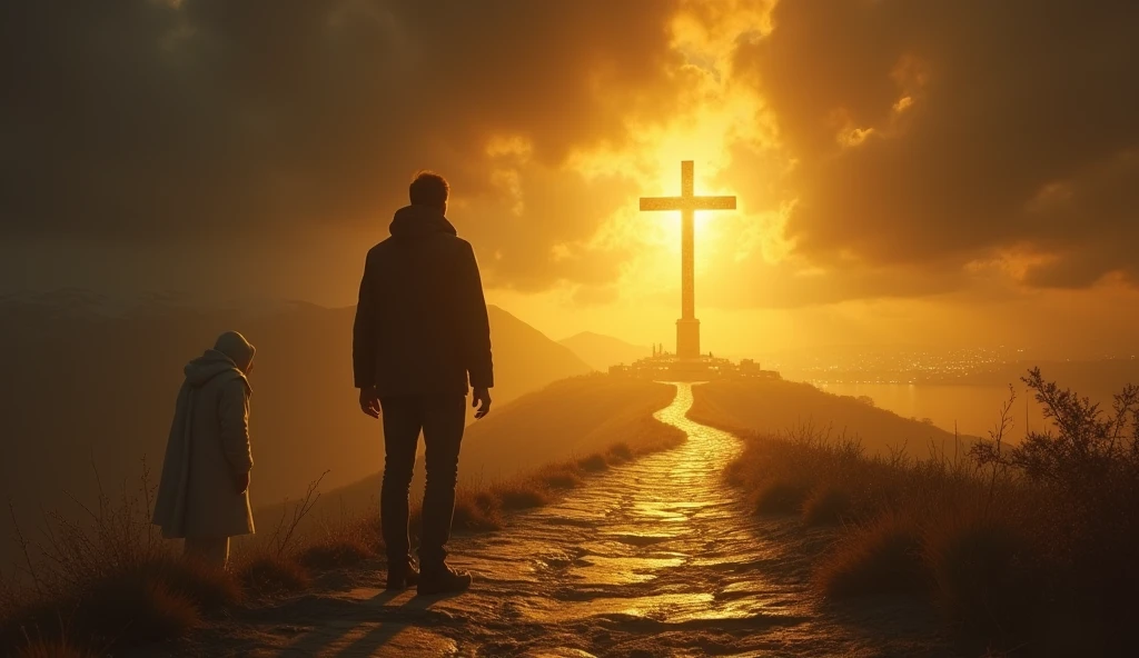 A dramatic shot of a person standing at a crossroads: one path leads to a golden, luxurious city, while the other ascends toward a distant, glowing cross. In the background, a subtle figure of the Antichrist watches from the shadows, his outstretched hand offering a bright, tempting object. The lighting emphasizes the golden allure of the city, contrasting it with the dim path toward spiritual freedom, symbolizing the high cost of worldly promises.