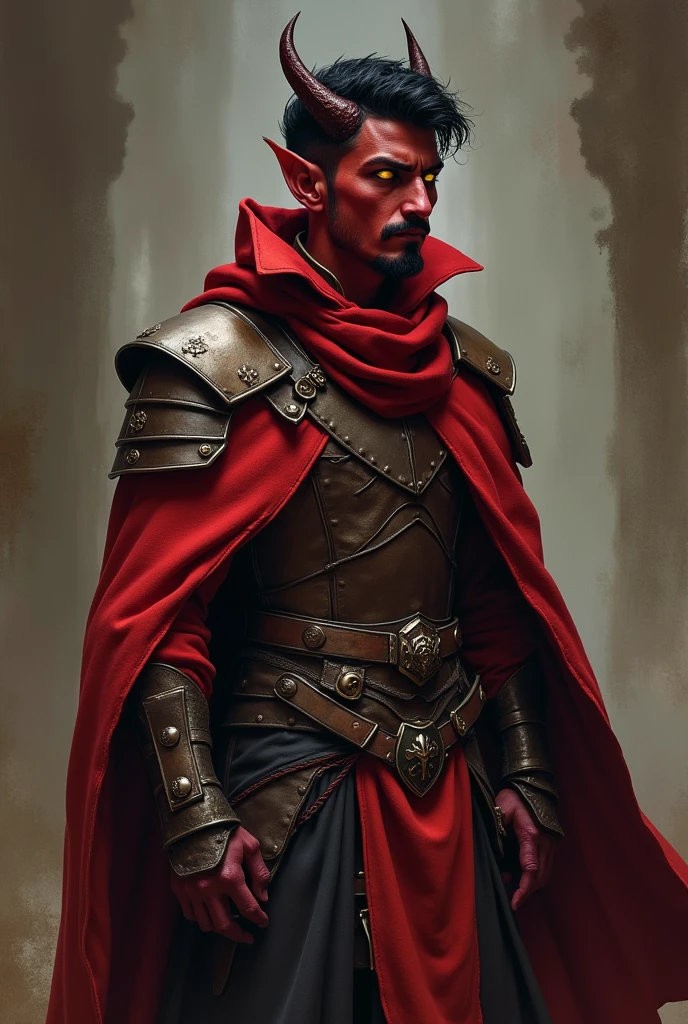 Red-skinned twenty-year-old tiefling rogue thief DND, dark fantasy, steampunk, short horns, short black haircut, yellow infernal eyes, gloomy appearance, short mustache and goatee, rapira, light fabric leather armor, full-length. Rpg.