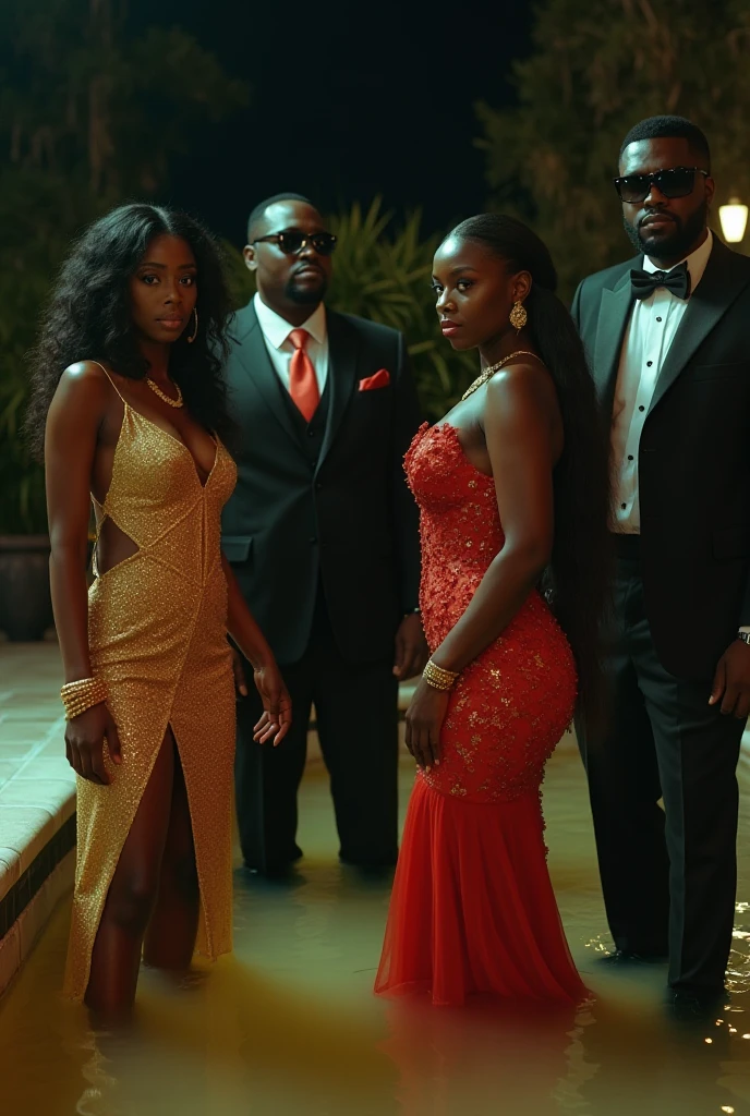 Photo realistic cinematic attractive African American men and African American women at party outside, dressed nice, luxury, having fun, 