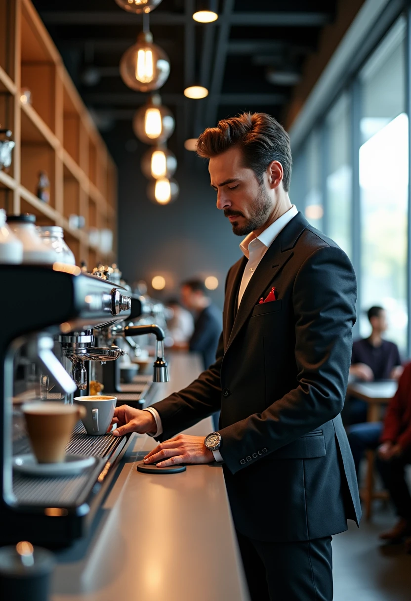 light and bright, 8k, waist length photo of a 25-year-old with brown hair and no beard, detailed intricate, realistic texture, dynamic composition, high contrast, man works at the bar as a barista