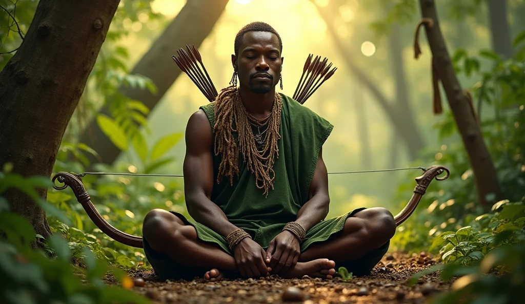 Adult bald skinny man of African ethnicity, wearing a garment made of green leaves and a turban made of leaves and roots sitting at the foot of a fig tree in the middle of the dense forest. the sun's rays leak through the leaves of the tallest trees and around the man leaves fly as if he were the center of a whirlwind.