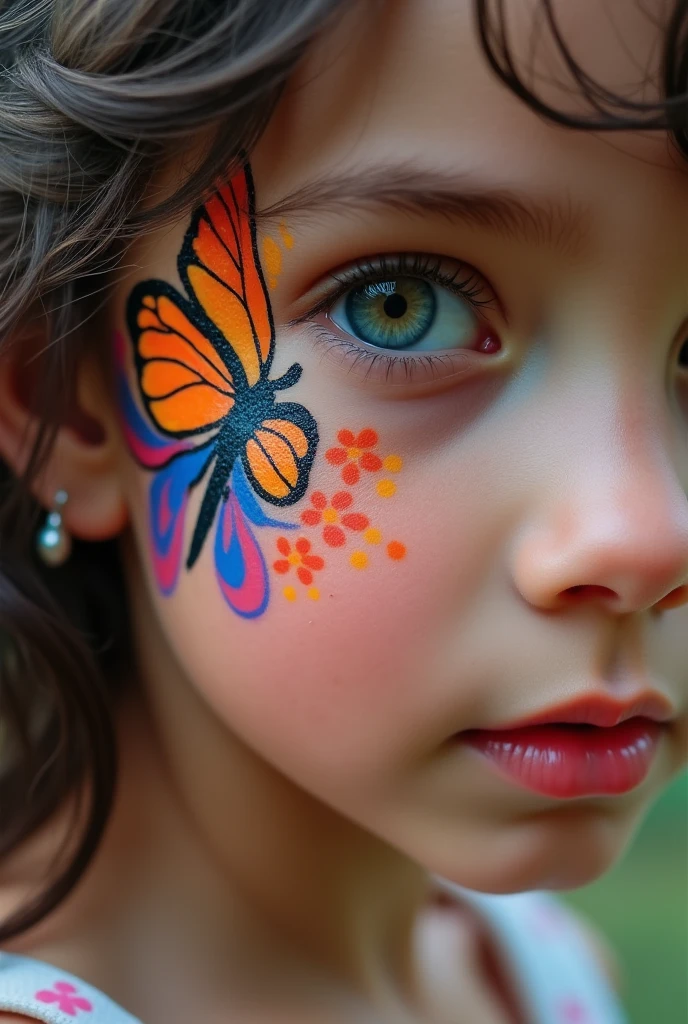 Create a hyperdetailed macro image of a young girl's face composed entirely of hexagons, each a different pastel color, set against a background of pastel colored alcohol ink, with a three-dimensional bas relief butterfly added. The butterfly is also composed of hexagons.