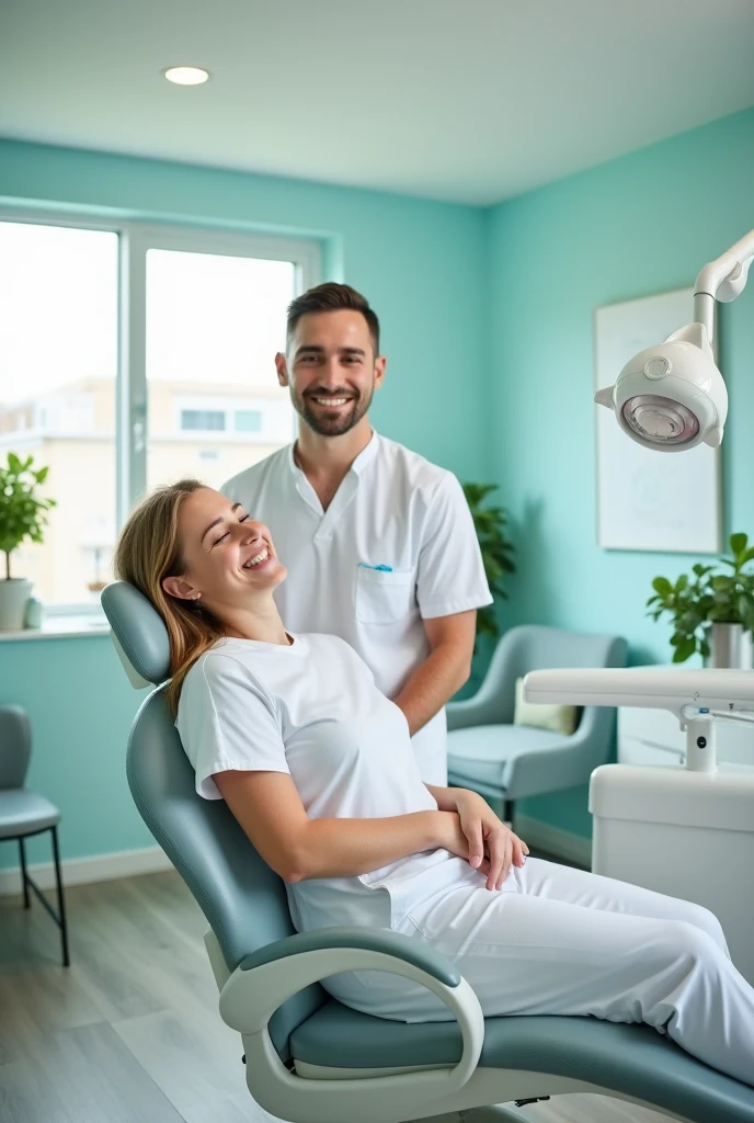 ultra realistic, photography, Point of view of me, I am guy and I am laying in a dental chair, there are two women in front of me: the left one one with long straight red hair, (30 years old, hourglass figure, perfect body, natural medium breasts), the right one: with long blonde hair, (blue eyes, cat-eye make-up, lucious round lips, 30 years old, gorgeous face, voluptuous figure, perfect fit body, big enhanced breasts), they both have perfect round cleavage, they are standing at the dentists room next to the dental chair, they are dressed as dentist nurses, the two girls are bending down to me to expose their cleavage and they are smiling