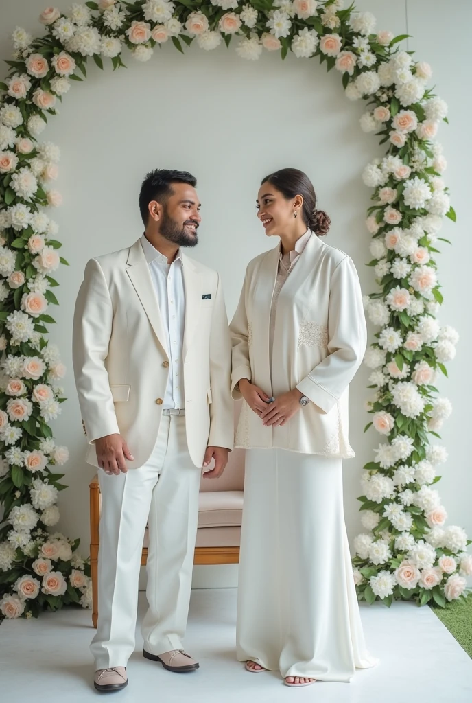 Pareja de novios tomados de la mano. The bride is dressed in a white terno that consists of a tunic with cross-stitch embroidery of flowers. And the groom is dressed in a white guayabera and white pants and a beige straw hat.