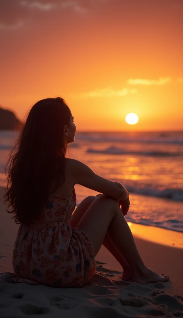 best quality, masterpiece, woman sitting with back turned, Evening Twilight, beach, The night has stars, Thailand