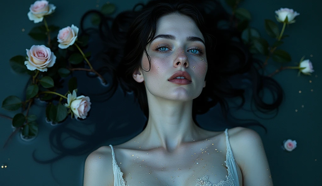 The vampire queen is lying in a field of purple flowers、One person, water色のレースの下着、water色のチュールスカートを履いている、green、water色の髪の毛金色の目, Textured skin, Ultra high definition, Very detailed, Large Breasts, delicate facial expression cinematic light effects, fluorescence, Artistic, Various colors of light、無数のwater色の花びらが舞い散る、Countless flowers bloom in profusion、fluorescence, Realistic skin texture、Vampire、Attractive woman、maternal、Getting wet in the rain、Seven-Colored Rain、Have fair skin、Countless raindrops、Silver chain necklace、Angle from top to bottom、肌にwater滴がまとわりつく、waterに濡れた髪、Romantic、water、night、moonlight、Gold Light、waterで肌が濡れている、Godley, High resolution, accurate, Highest quality,