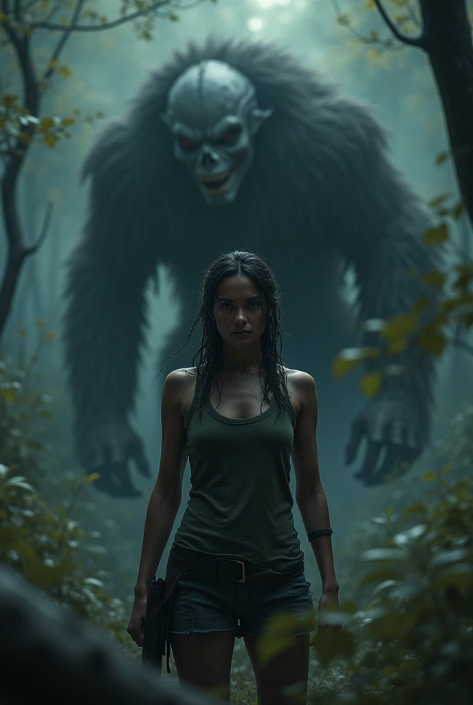 Black woman hair in a bun black hoodie black leather short shorts and a scary ugly witch standing behind her with its arms around her waist... she is scared.           Location jungle