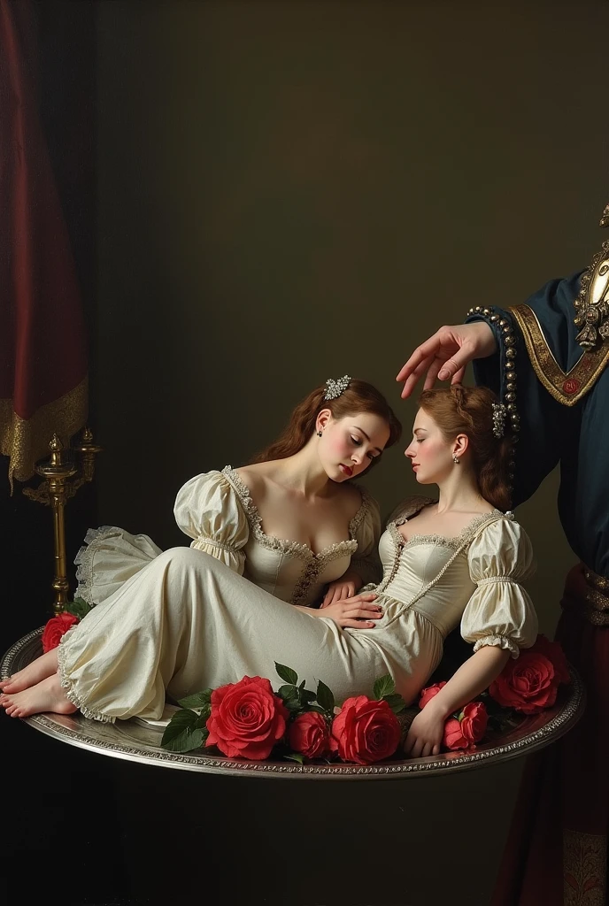 (masterpiece, best quality:1.5), oil painting by Leonardo da Vinci, perfect anatomy, two gorgeous and stunning pale-skinned young pregnant goddesses is deeply in love with each other, kiss, fantastic make-up, jewelry, flower, snow, magnificent panorama view