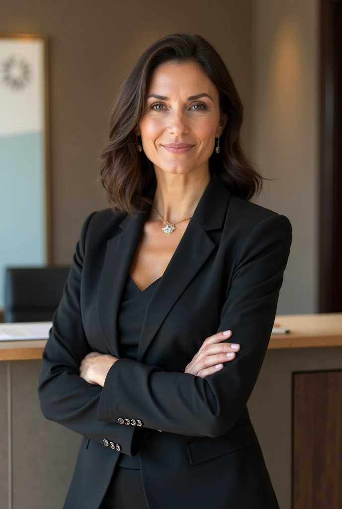 A Brazilian woman with fair skin and long brown hair, 50 years old, sitting in an office wearing a black formal dress, eyes open and hair combed