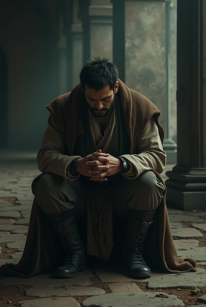 Image of a sad and discouraged Job on his knees , with costumes from the time of history , and the images in the cinematographic style