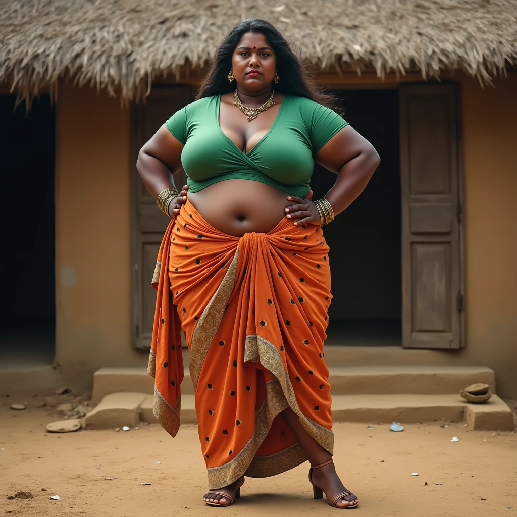 Indian extreme plus size chubby fat dark skinned wide woman with dusty face with large and large extreme fat curvey figure and wide shoulder and long hair and wearing green deep neck tight fitting blouse with displaying big and display navel and large fat arm and wearing orange and white lining with black dot long skirt and with high heels shoes and standing near village hut in high quality image with serious face expression and full body view and she is standing in wearing only blouse and long skirt and her left hand on her hip and holding cloth in her right hand and standing in dominant pose and red bindi on her forehead from head to toe full body view