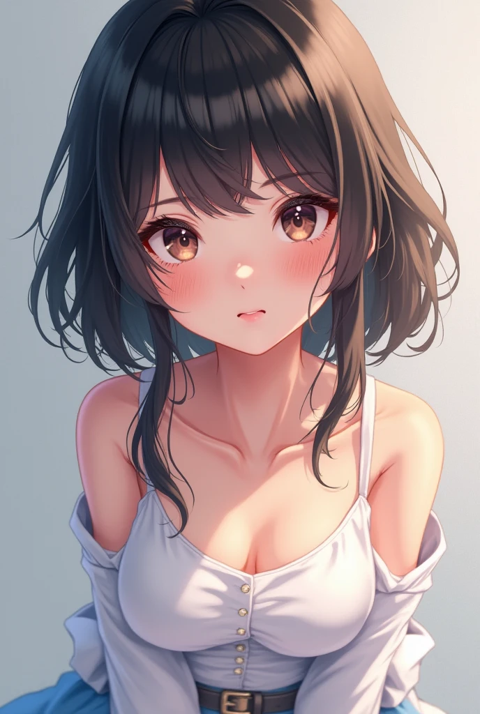 Cute s, Beautiful, upper body,Performance T-shirt, medium large breasts, cleavage(Brown hair:1.2),nose blush,leaning forward,no background