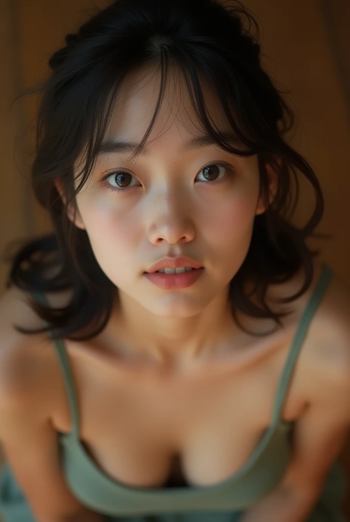 Top knot hair, raw photo, real photo, young girl, drooping eyes, Beautiful clear eyes, unique, individual, distinctive face, real skin, Bare skin, slightly open mouth, (Seductive transparent underwear), (dripping, cleavage, fascinating chest), saggy breasts, saggy fascinating chest, lovely, neat, calm, happy, innocent, peaceful, soothing, youthful, irreplaceable, (Extremely high-density images, Ultra-high resolution, 8k, Extremely high resolution, Super fine skin texture), dimple, charming, (fascinating look), dynamic angle, Floral wallpaper background
