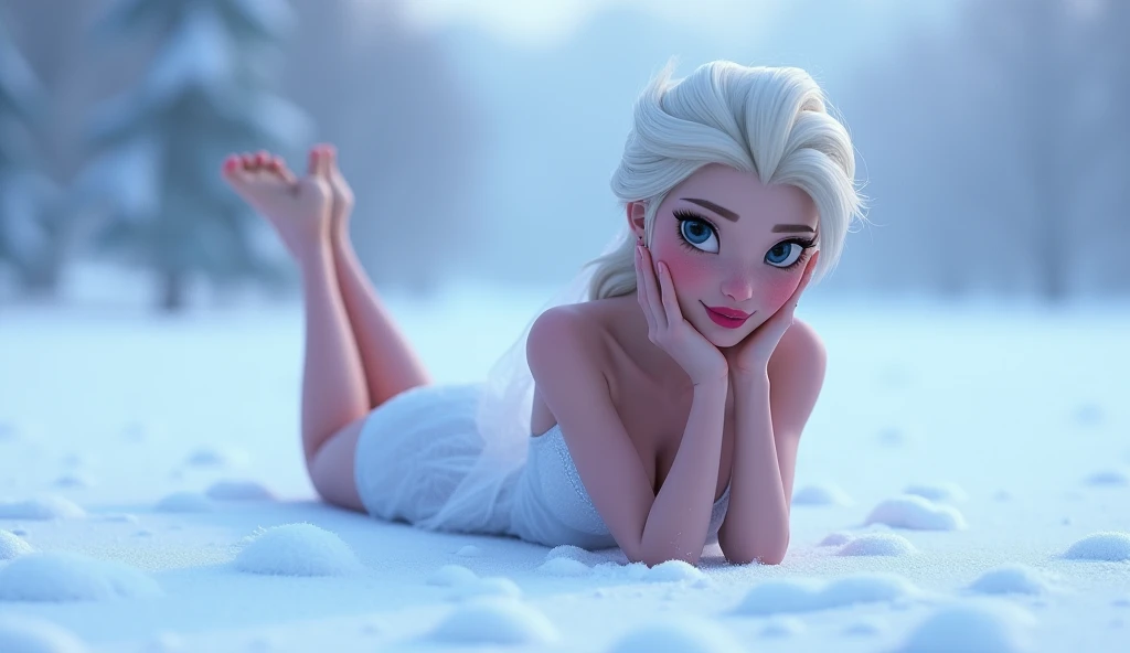 elsa the frozen, Disney style, in bed showing her feet