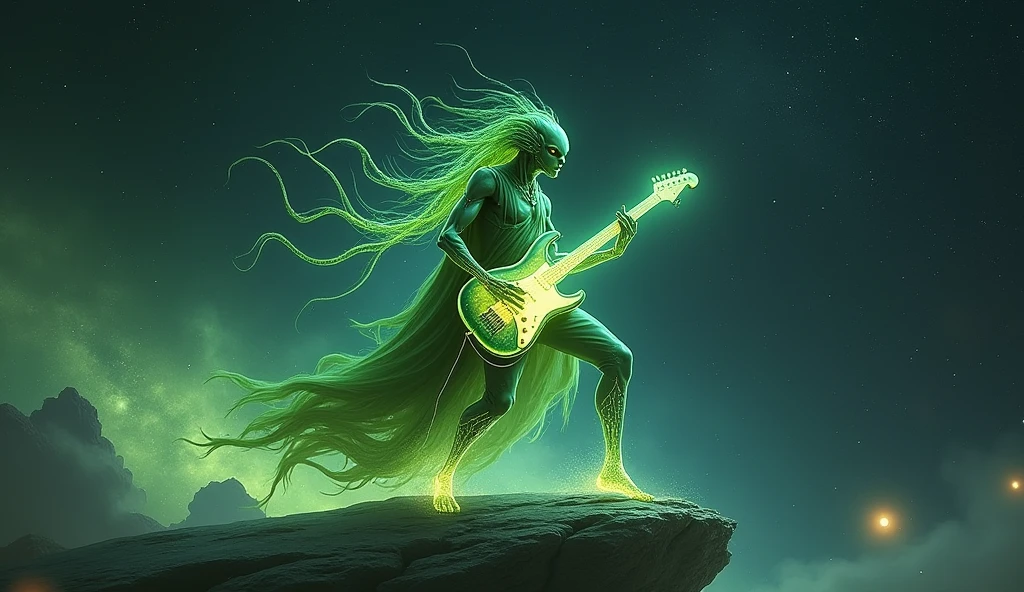 String. Alien A mysterious alien with a flowing cloak, playing a glowing guitar on a ...