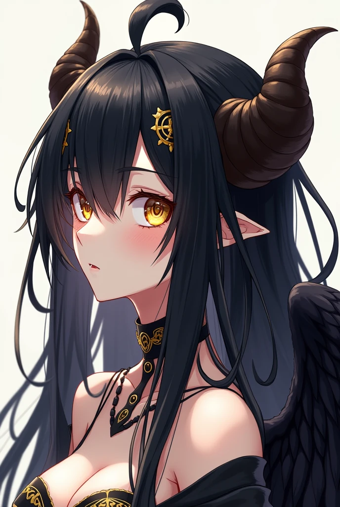 Impeccable beauty, Albedo is a woman with lustrous jet-black hair with a lock at the top of her head emulating an Ahoge-style hairstyle and the face of a goddess.. It has golden irises and vertically divided pupils.; On his left and right temples are two thick horns that stick out crookedly, and on her waist there is a pair of black angel wings.  full body viewpoint , full body rear view and full body profile view. 