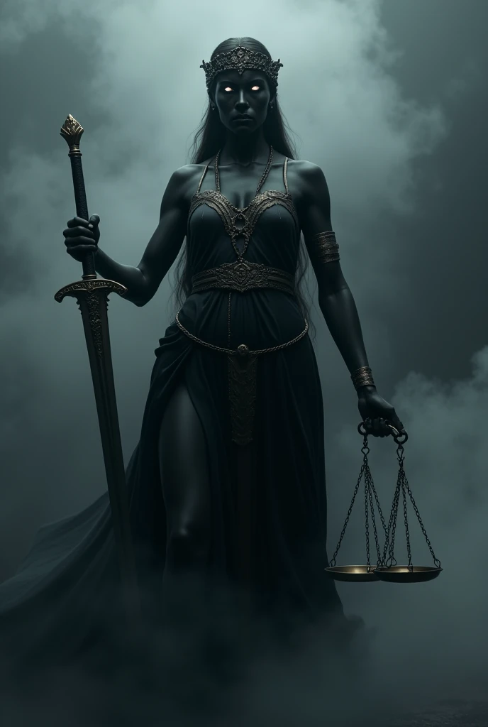 Dramatic, dark-toned painting featuring a blindfolded woman in a flowing, tattered dress, symbolizing Lady Justice. She holds a set of scales in her left hand and a sword in her right, both rendered in a metallic, bronze-like color. The background is a smoky, sepia-toned haze, adding to the intense and somber atmosphere. Two shadowy, indistinct figures are visible in the background, adding depth and mystery to the scene. The overall composition is centered, with the main subject standing prominently in the middle, exuding a sense of strength and determination.