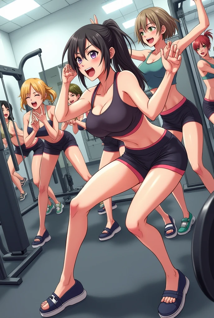 Tifa in sexy mini shorts and sports bra, doing bent over deadlifts, on her back, showing her perfect pussy, looking in the gym mirror, perspiring, showing you round, sexy and very well-shaped buttocks facing the camera, high resolution, ultra HD , detailled image.