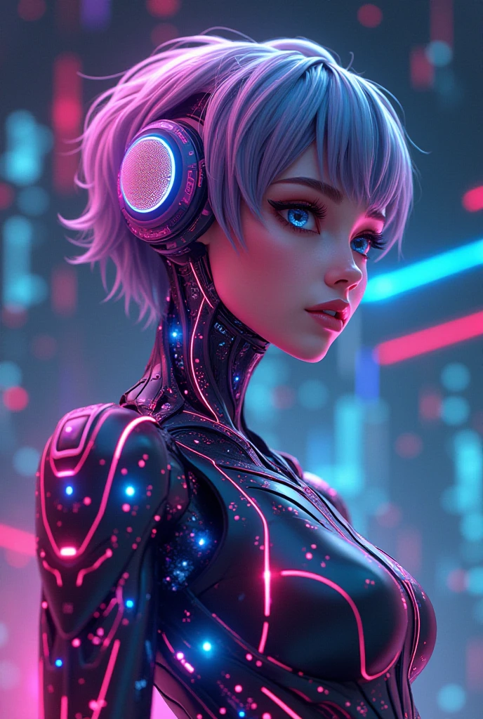 (short hair purple hair robot girl with gray and neon green suit and a fairy wings) (futuristic headphone with wings)