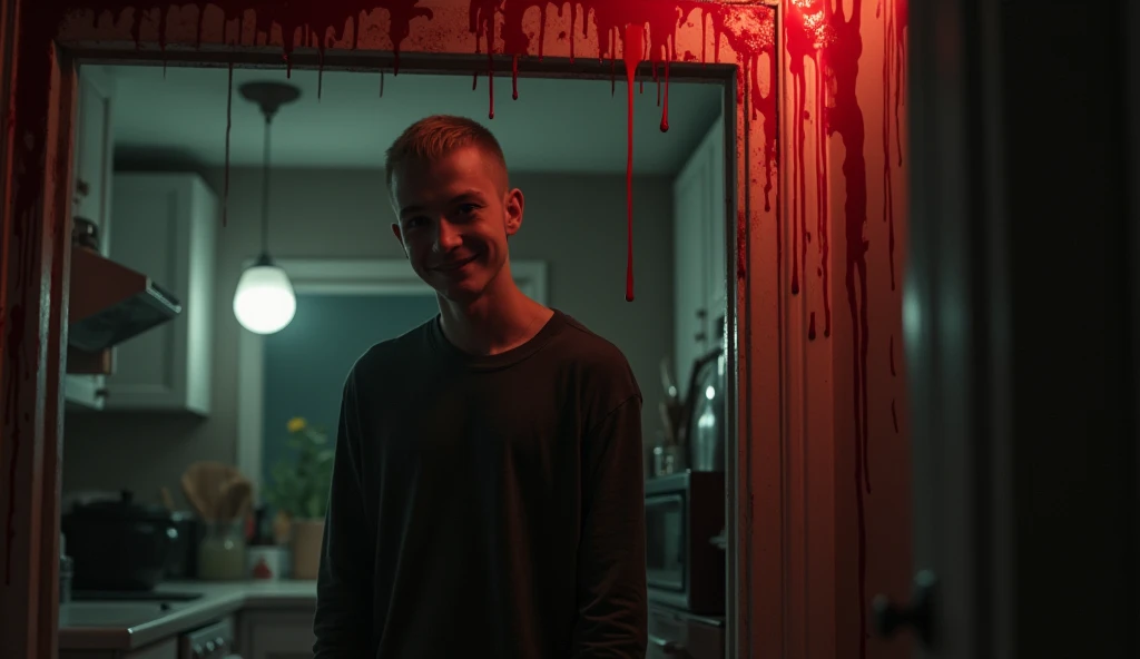 8k photo of of j985, male, brown hair, plain grey t-shirt, jeans, staring at you, ((holding knife)), ((blood on face, blood on clothing)), full body, wide smile, grinning, teeth, wide eyes, malicious smile, intimidating pressence, city dark alleyway at night, masterpiece, trending on artstation, <lora:jerma985lorav1:0.9>