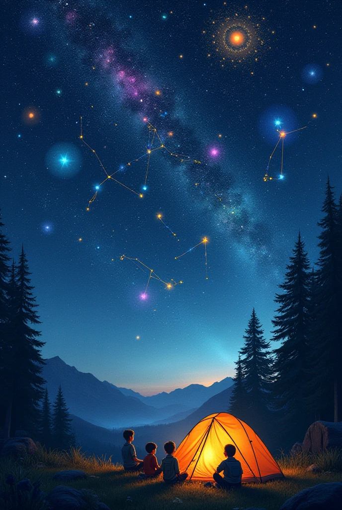 A mesmerizing depiction of a 'Galaxy of Scouting,' where constellations form Scouting symbols such as the fleur-de-lis and adventure badges. In the vast night sky, vibrant stars and cosmic elements create a beautiful tapestry of Scouting achievements and values. Below, Scouts are gathered in a peaceful campsite, looking up at the celestial display with wonder and awe. Each constellation represents a different Scouting journey—some are tied to leadership, teamwork, and exploration, while others reflect service and community. The atmosphere is magical, fostering a sense of endless possibilities and the boundless horizons of Scouting.