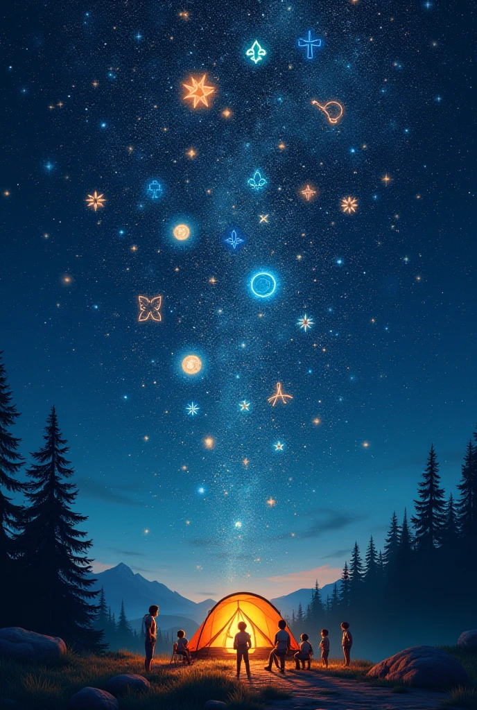 A mesmerizing depiction of a 'Galaxy of Scouting,' where constellations form Scouting symbols such as the fleur-de-lis and adventure badges. In the vast night sky, vibrant stars and cosmic elements create a beautiful tapestry of Scouting achievements and values. Below, Scouts are gathered in a peaceful campsite, looking up at the celestial display with wonder and awe. Each constellation represents a different Scouting journey—some are tied to leadership, teamwork, and exploration, while others reflect service and community. The atmosphere is magical, fostering a sense of endless possibilities and the boundless horizons of Scouting.