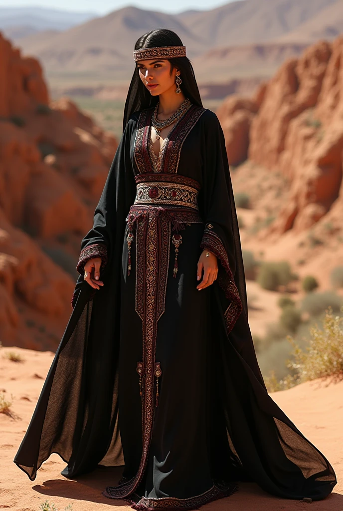 suadi arabia woman , black and red gypsy costume , fully body, beautiful and sensual woman
