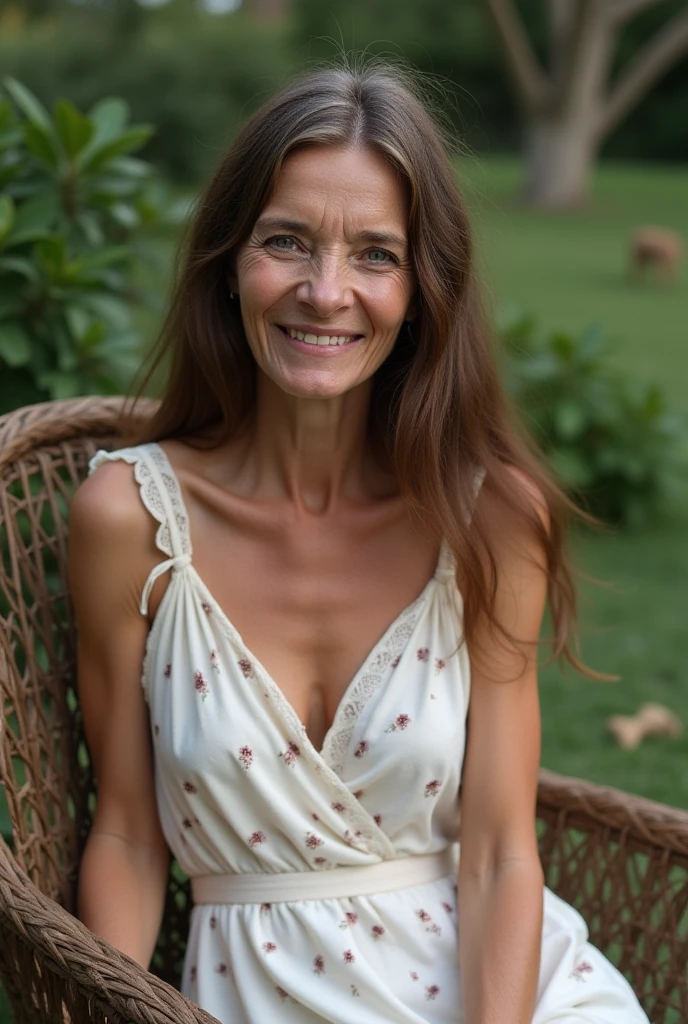 mulher de 50 anos roupas casuais, estilo hippie, Funny and quirky expression, Eyes wide open in a tone of pleasure and comedy