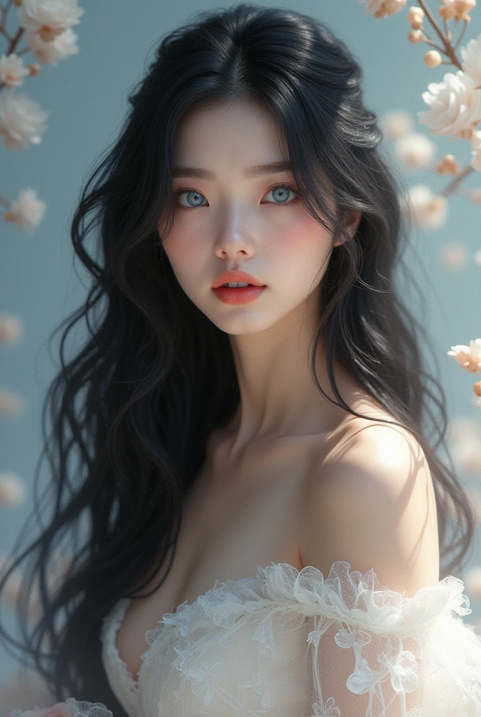 (8k, RAW photo, best quality, masterpiece:1.2),(realistic, photo-realistic:1.4), ultra-detailed, extremely detailed cg 8k wallpaper,(crystalstexture skin:1.2), (extremely delicate and beautiful),
1girl,solo,black hair,  long hair, blue eyes, closed mouth, hair ornament, bare shoulders, detached sleeves,big breasts, white dress,looking at viewer, full body, beautiful legs, (((seductive))), floating in the air, không mặc gì