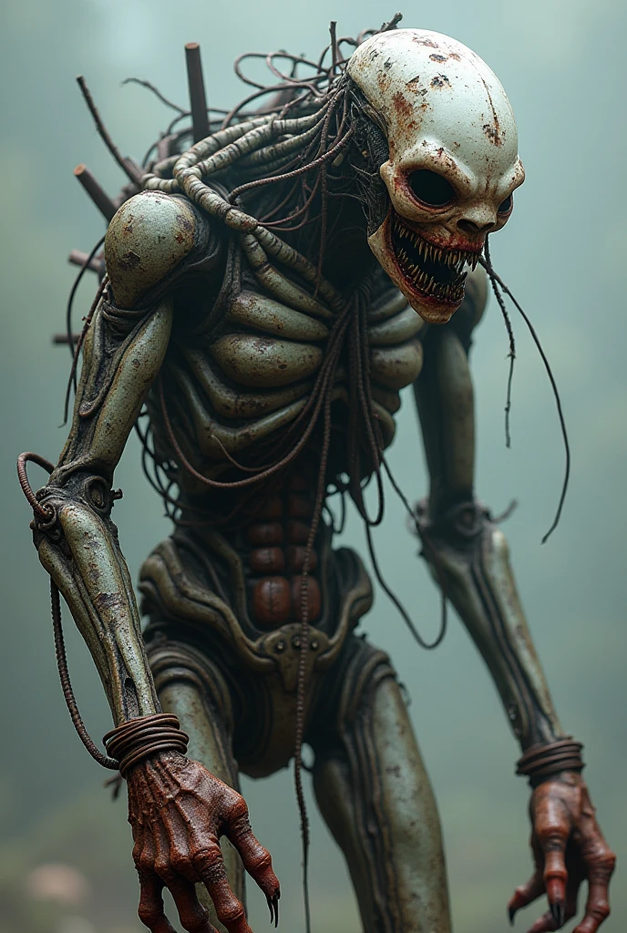 The monster's body would be composed of a mixture of rusty mechanical parts and decaying sections of flesh. The parts that used to be soft , like hands and face , would now be torn , exposing tendons , muscles and cables . The characteristic black and white skin would be patched , as if someone had clumsily sewn it over the fleshy areas .
The face would have a disfigured and permanent smile , with sharp teeth sticking out between broken lips . Your eyes would be empty , with a faint, lifeless sheen . Instead of painted black tears , the eyes would be surrounded by hollow and sunken sockets , with dark fluids dripping .
The monster's arms and legs would be thin , but now longer and more bony , with sharp claws instead of fingers . The cables and tubes would hang loosely from his torso , entangled with pieces of rotten meat that seem to merge with the machinery . Some parts of his body would emit metallic squeaks and moans , as if every movement caused pain .
The skin that was left would be stretched and torn , revealing a disturbing contrast between the mechanical and organic elements , which would make it look more like an abomination created a made from recycled parts of various beings .