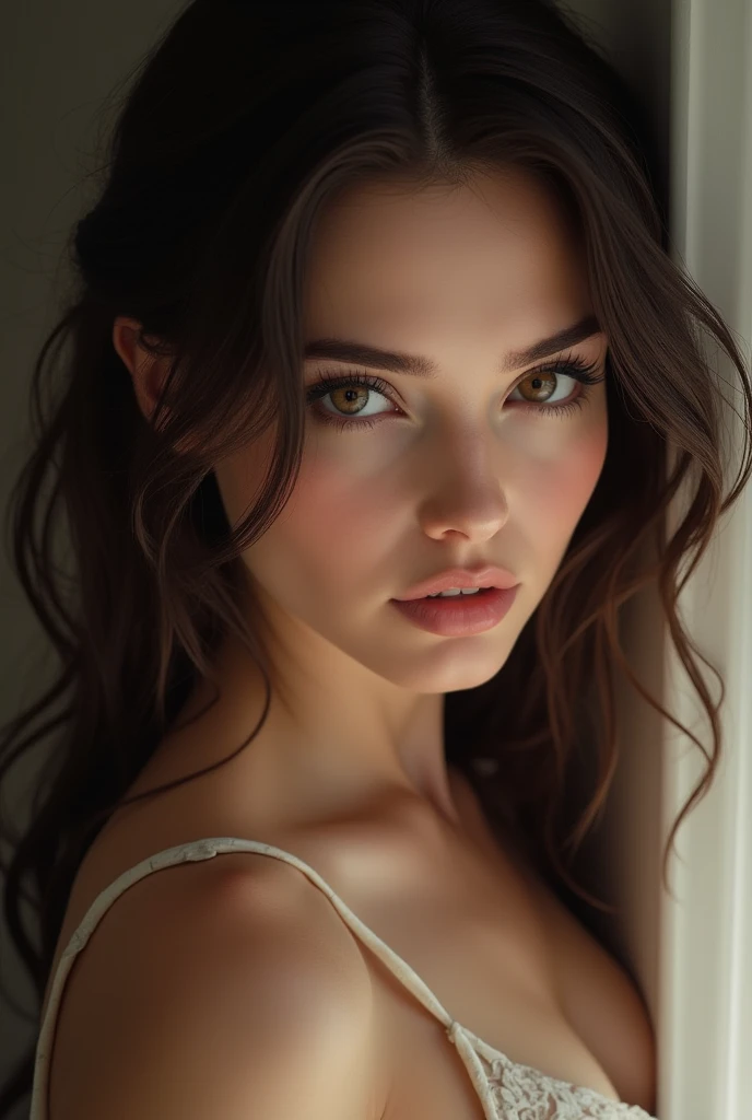 une fille brune jeune tres belle , meilleure qualité , tres réaliste yeux verts , belles forme qui se prend en photo devant un mirroir