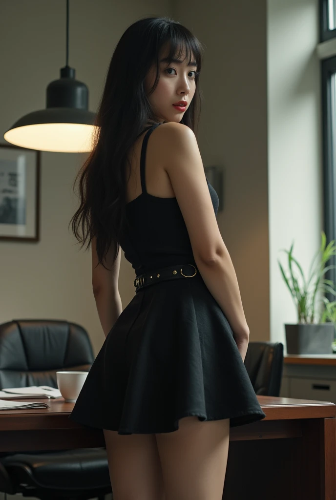 Beautiful Asian girl with black and white hair sitting on a desk in black mini dress showing her ass to the viewer